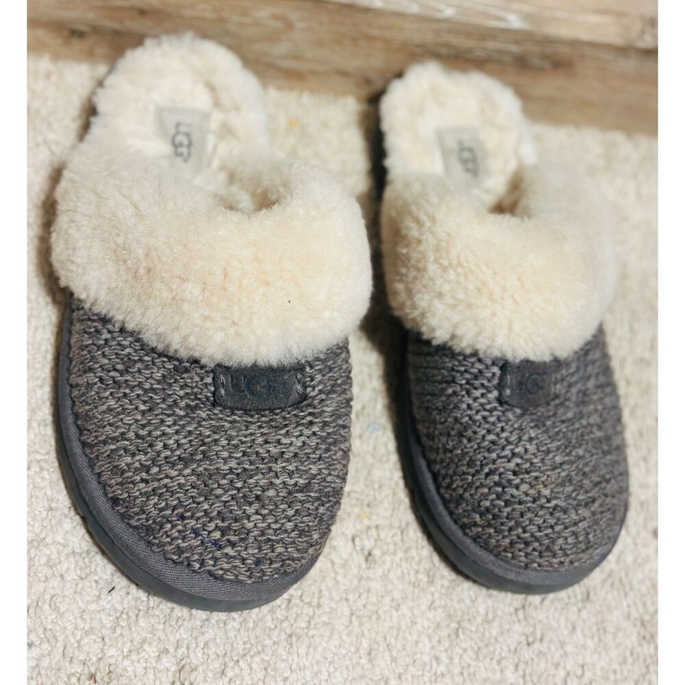 UGG Charcoal Homey Fluffy Streetwear Sweater Knit Genuine Shearling Slippers 10